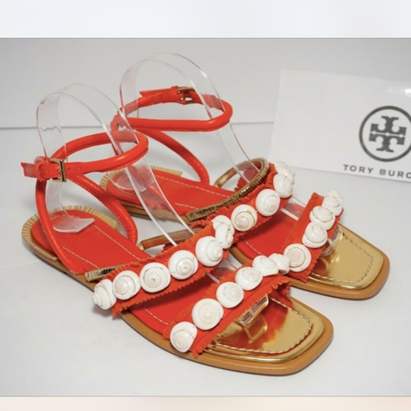 🆕TORY BURCH Ankle Wrap Flats Embellished Orange - Picture 3 of 8
